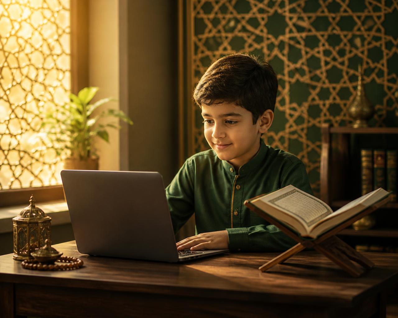 A young student reading the Quran during a live online class on a laptop